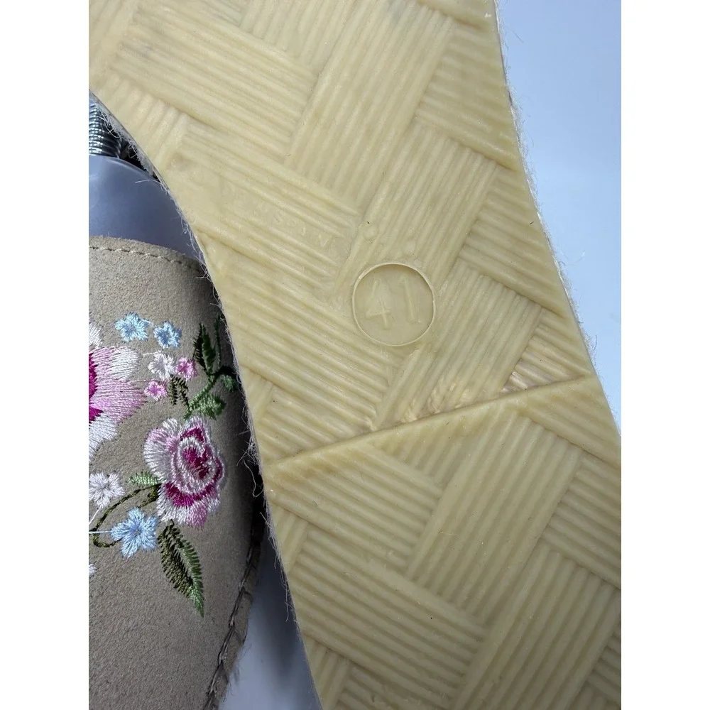 Fabiolas Espadrilles Tan Suede Leather‎ Women's Floral 9.5/41 Slip On New Summer